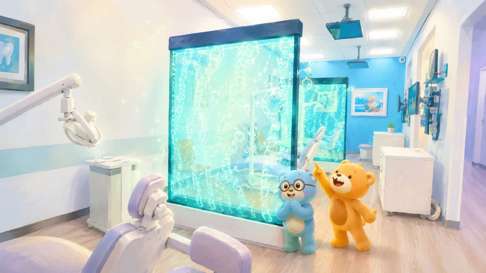 Illustration of bears in the open treatment area in front of the bubble wall