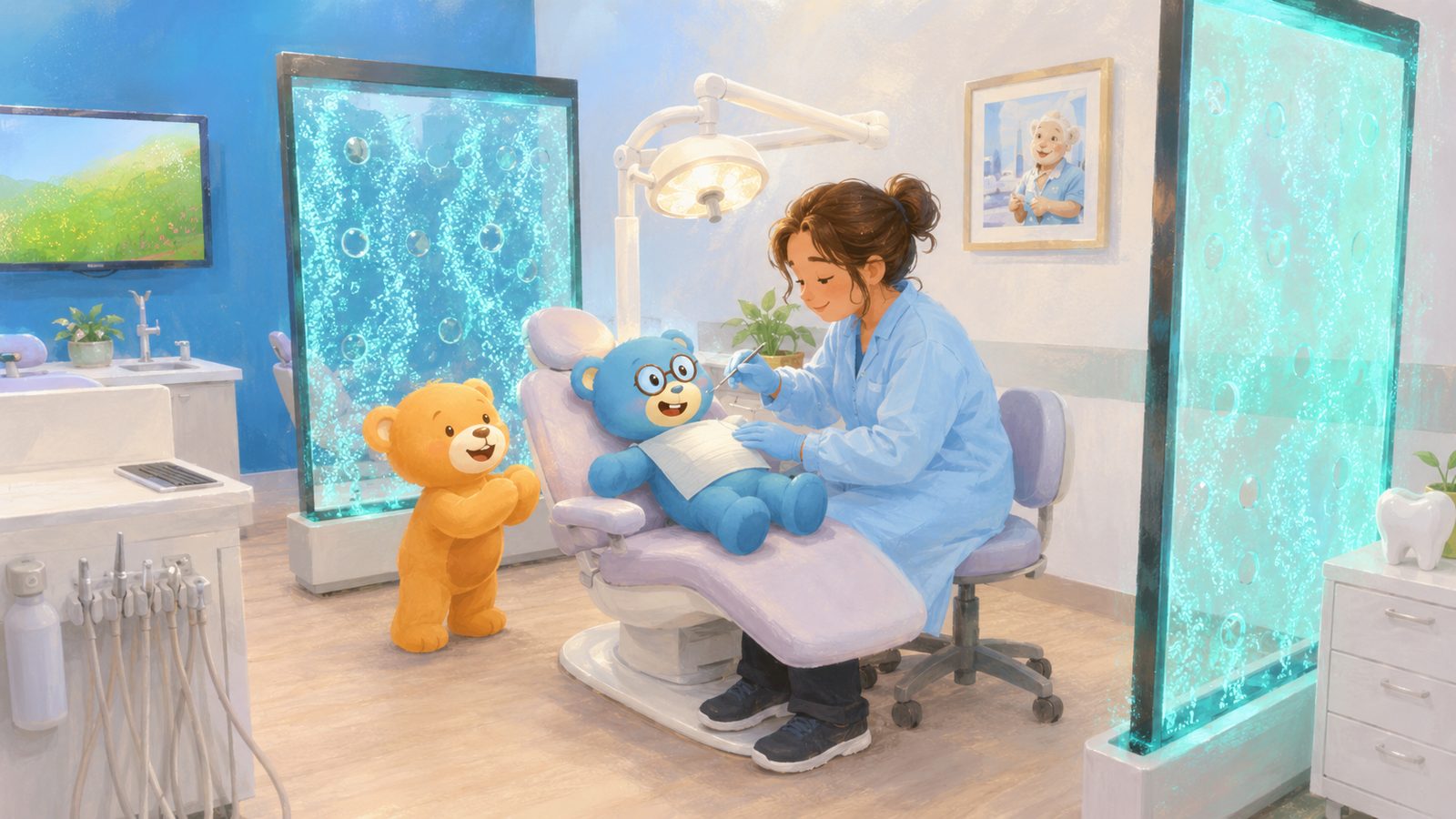 Illustration of a hygienist gently treating a child in the dental chair