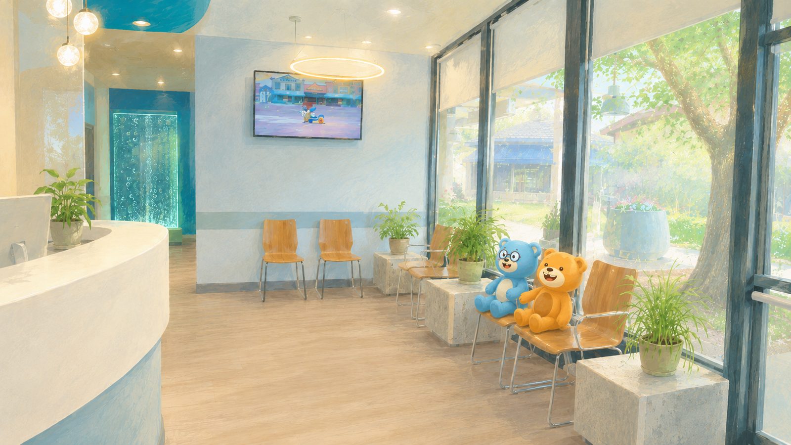 Illustration of the waiting room with cartoons on the TV and big windows